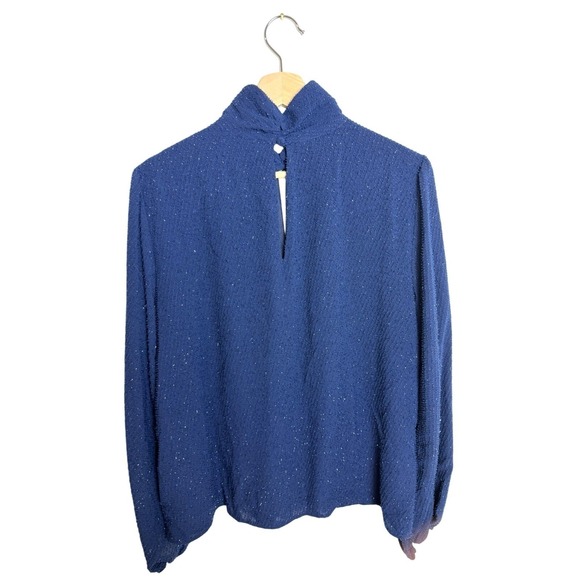 NINE WEST Sparkly Blue High Collared Top Large Long Sleeves Lined Keyhole - Picture 2 of 8